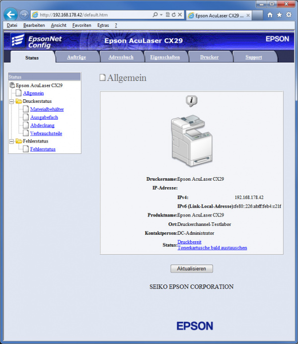 Webserver: Epson Aculaser CX29DNF.