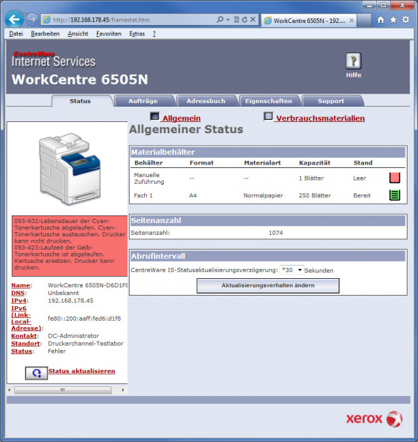 Webserver: Xerox Workcentre 6505V/DN.