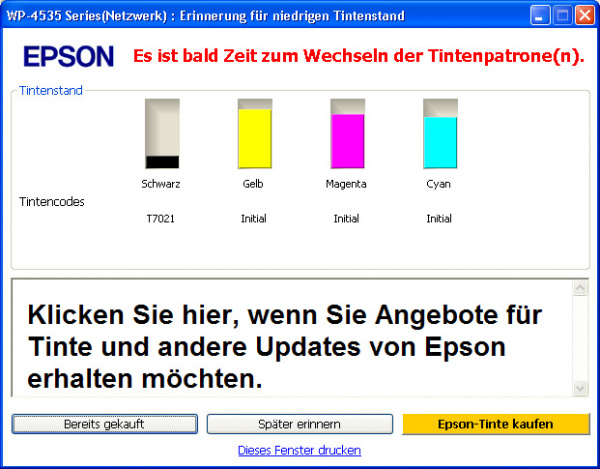Epson Workforce Pro WP-4535 DWF: Bevor die Tinte zur Neige geht, meldet ein Warnfenster, dass es bald Zeit zum Wechseln ist.