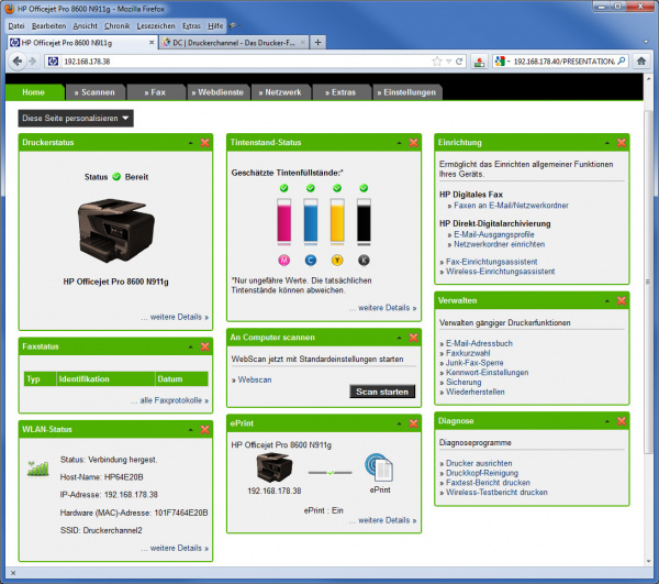 HP Officejet Pro 8600 Plus N911g: Vorbildlicher Webserver mit vielen Einstellmöglichkeiten und übersichtlicher Darstellung.
