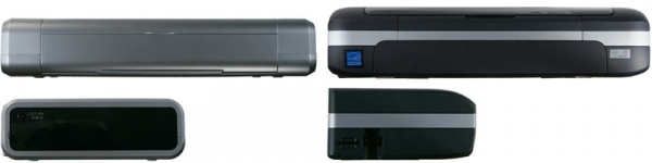 Frontal and lateral view: Canon Pixma iP100 on the left, HP Officejet H470 on the right side.
