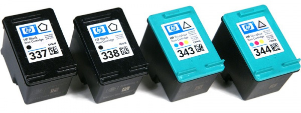 HP ink cartridges: Black Nr. 337 or 338, Color Nr. 343 or 344. The print heads are part of the cartridges.