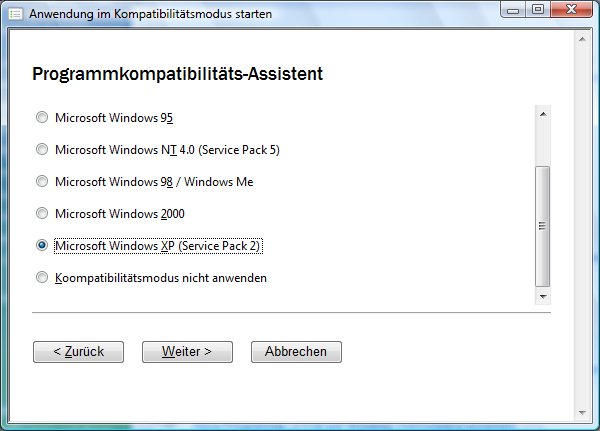 Ich bin Windows XP: Vista kann Anwendungen auf Wunsch eine andere Betriebssystem-Plattform melden.