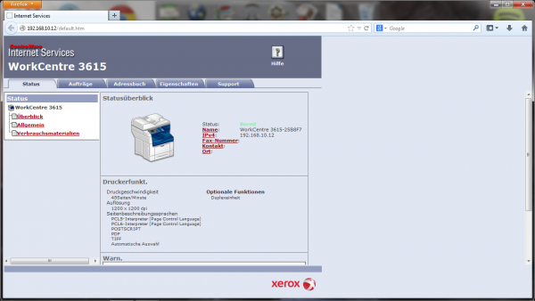 Schaltzentrale: Über dem Webserver lässt sich der Xerox Workcentre 3615 in Unternehmen einfacher verwalten.