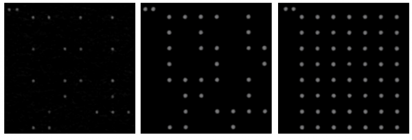 Yellow Dots: Das originale Tracking-Muster (links) kann durch weitere Punkte (Mitte) oder durch Auffüllen (rechts) verändert und damit unlesbar gemacht werden - Quelle: TU Dresden (Association for Computing Machinery).