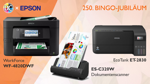 In der Jubiläumsrunde im Mai 2024: gibt es einen "EcoTank" Tintentankdrucker, einen "Workforce Pro" Bürodrucker sowie einen ultrakompakten Scanner von Epson zu gewinnen.