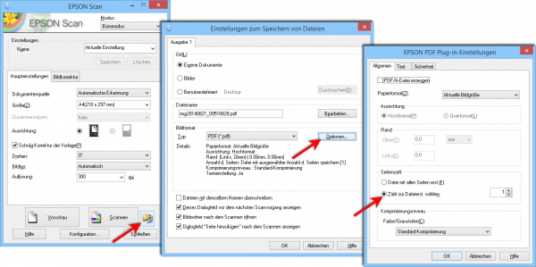 Epson-Scan-Software: Klicken Sie auf "Zahl zur Dateierst. wählen:" und geben eine "1" ein, damit Epson-Scan jede gescannte Seite in einer separaten Datei abspeichert.