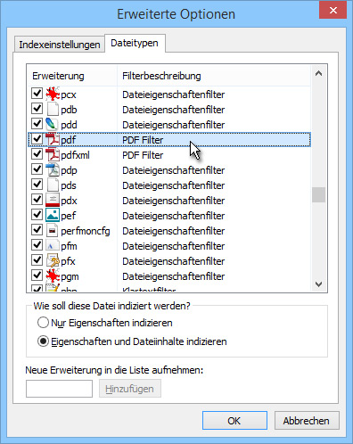 Installierter IFilter: Ist der Filter installiert, zeigt sich hinter dem Eintrag "pdf" der Text "PDF Filter".