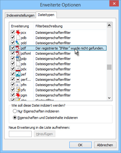 PDF-Dateiinhalte lassen sich nicht durchsuchen: Es fehlt der "IFilter".
