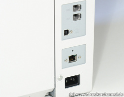 Epson Aculaser CX11NF: Netzwerk und USB 2.0 - darüber Anschlüsse für Fax und Telefon.