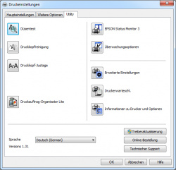 Epson: Wichtige Wartungsfunktionen im Reiter "Utility".