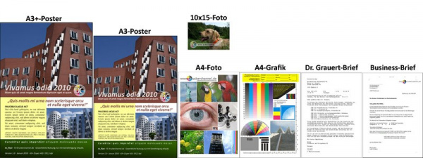 Vorlagen zur Messung der Druckgeschwindigkeit: A3+- und A3-Poster, 10x15-Foto, A4-Foto, A4-Grafik, Dr.-Grauert-Brief und Business-Brief.