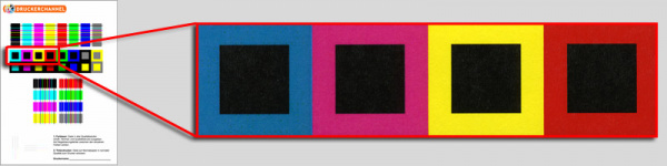 The flashing test: From our test pattern (left) we scan an area with directly adjacent color areas. If white areas appear in between (flashing out), this is a sign that the devices cannot be calibrated well.