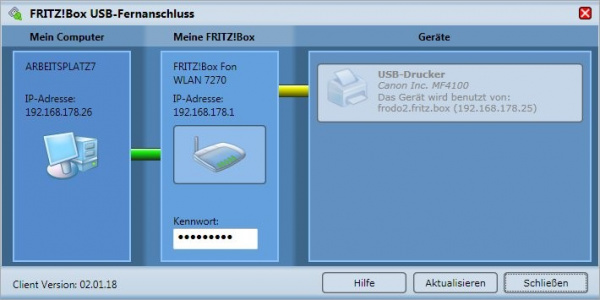 Gerät wird benutzt: Die Fritzbox lässt immer nur eine Verbindung zu ihrem USB-Anschluss zu.