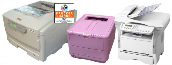 Drei starke Preise: A3-Farbdrucker Oki C8600n, A4-Farbdrucker C3400n ("Light Lipstick"-Edition) und Multifunktionslaser B2520MFP.