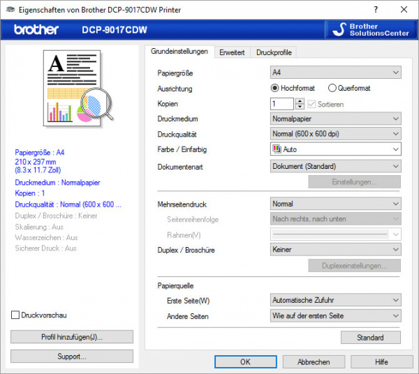 Druckertreiber für Brother DCP-9017CDW: Registerkarte "Grundeinstellungen"...