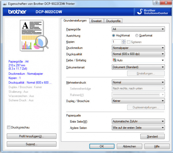 Druckertreiber für Brother DCP-9022CDW: Registerkarte "Grundeinstellungen"...