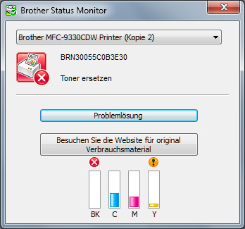 Brother MFC-9330CDW: Drucker fordert zum Ersetzen des leeren Toners auf - weiterdrucken ist nicht möglich.