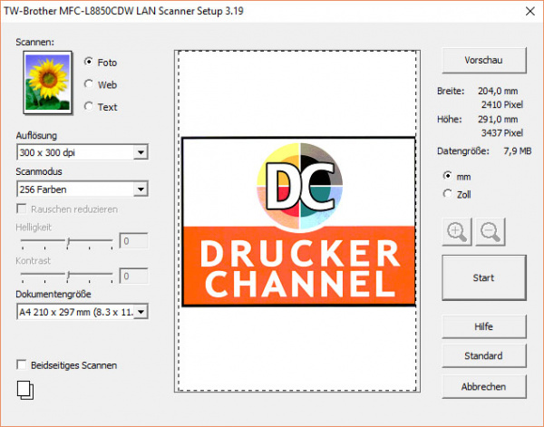 Brother MFC-L8850CDW: Scannertreiber mit wenigen Funktionen und unschönen Standardeinstellungen: S/W ist hier immer als Standard eingestellt.
