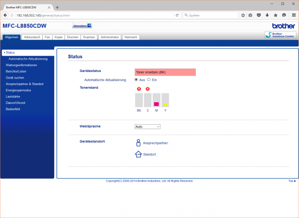 Status: Informationen über Toner, Sprache und Standort des Admins und des Druckers.