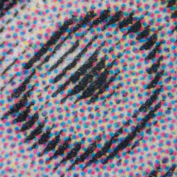 ...zu farbenfrohe Darstellung des Auges beim Brother-Gerät. Starke Linienbildung, typisch für viele Lasergeräte.
