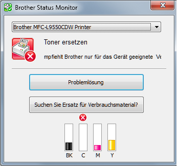 Brother-Statusmonitor: Meldet eine leere Tonerpatrone und fordert zum Wechsel auf.