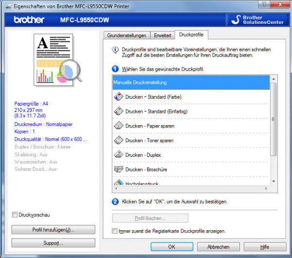 Registerkarte "Druckprofile": Hier lassen sich häufig benutzte Voreinstellungen wählen.