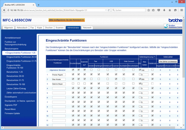 ...über das Register "Administrator", "Benutzersperre" lassen sich User hinzufügen und bestimmte Funktionen oder Seitenzahlen eingrenzen.