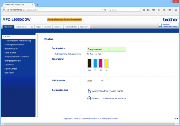 Brother-Webserver: Die Startseite zeigt den Gerätestatus, den ungefähren Tonerfüllstand und Standortinformationen...