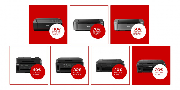 Canon Sommer-Sofortrabatt: Bis zu 110 Euro günstigere Fotodrucker oder 40 Euro für ausgewählte Tintentankdrucker.