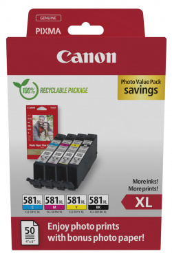 Farb-Multipack: Vier XL-Tintenpatronen mit Fotopapier für aktuelle Pixma-Tintendrucker.