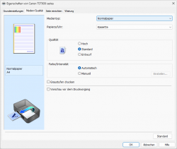 Medien/Qualität: Auf dieser Seite kann der eingelegte Papiertyp sowie die der zuverwendende Einzug gewählt werden. Im Fall des TS7550i gibt es "lediglich" die eine Kassette. Weiterhin lässt sich die Qualitätsstufe sowie die Farbwiedergabe einstellen.