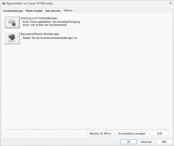 Wartung: Von dieser Stelle aus gibt es Zugriff auf die Wartungsaufgaben (beispielsweise Kalibrierung oder Düsentest) sowie auf Detail-Einstellungen. So lässt sich für diese Treiberinstanz auch die Farb- oder Schwarzpatrone abschalten.