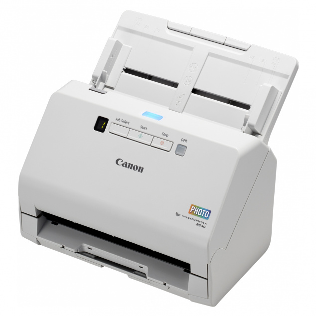 Oktober 2025 bis Januar 2026: Cashback auf ausgewählte Dokumentenscanner von Canon. Im Bild ist der "imageFORMULA RS40" zu sehen.
