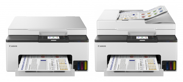 Canon Maxify GX1050 und GX2050: Multifunktions-Tankdrucker mit wischfesten Pigmenttinten, Duplexdruck und "nur" einer Papierkassette. Der GX2050 (rechts) ist zudem mit einem Simplex-ADF und Fax ausgestattet.