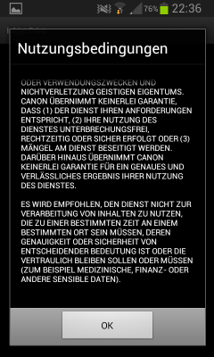 Haftungsausschluss und Hinweis: Canon rät davon ab, vertrauliche Dokumente über den Dienst zu drucken und schließt jegliche Haftung aus.