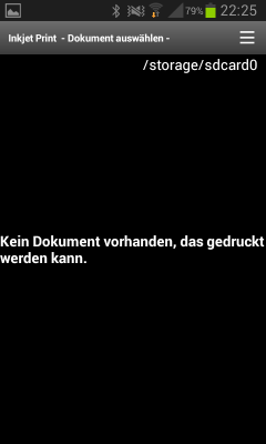 Nichts da: Dokumente zum Drucken sucht die App standardmäßig nur auf dem internen SD-Speicher. Anderweitig abgelegte Dateien lassen sich am besten aus dem Dateimanager heraus an die App schicken.