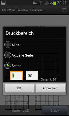 Mehrseitige Dokumente: Die App erlaubt es, den Druckauftrag auf einen Seitenbereich einzuschränken.