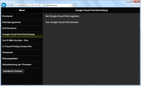 Google-Cloud-Print-Einrichtung: Wer Googles Cloud-Print nutzen will, kann an dieser Stelle die Einrichtung vornehmen.