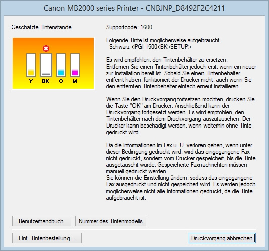 Canon Maxify MB2050 Tinte möglicherweise leer