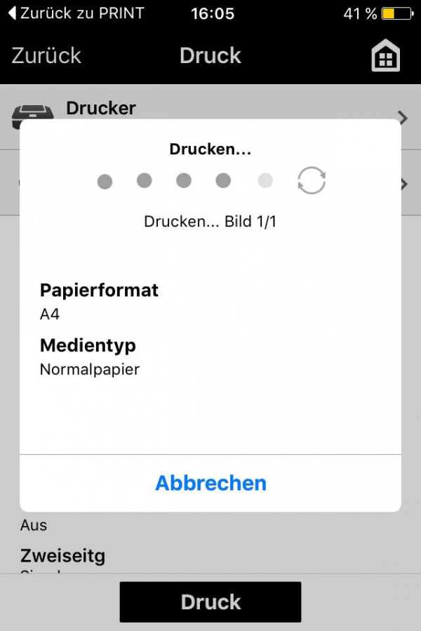 Druckvorgang: Auch während des Druckens informiert die App über den Druckprozess.