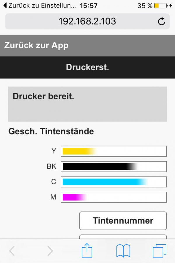 Druckerinformationen: Informationen über den Status des Gerätes und der Verbrauchsmaterialien im Webserver, der in der App verlinkt ist.