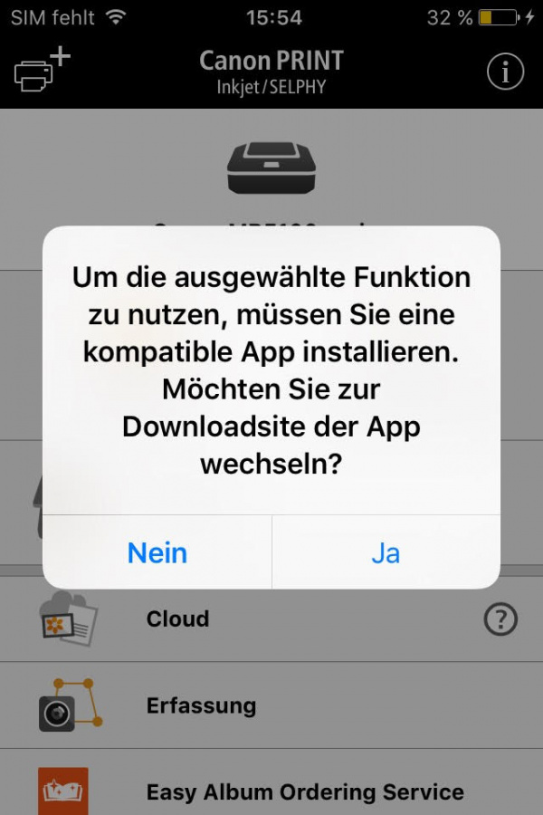 Fotokamera-Scan: Als Extra bietet die Canon-App auch einen "Scan" mit der Kamera des Handys. Diese Funktion ist allerdings nicht in der eigentlichen App enthalten, ...