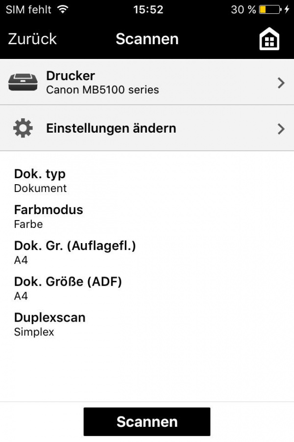 Scannen: Die Scanfunktion bietet wieder nur wenige Einstellungen zum Farbmodus, dem Dokumentenformat und dem Simplex-/Duplexmodus im ADF.