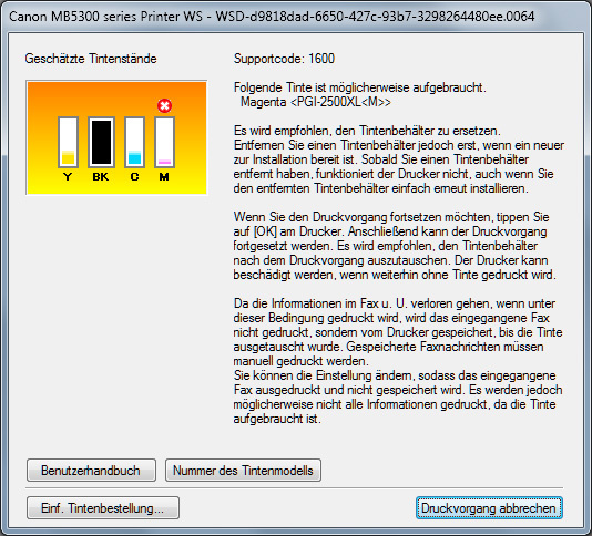Canon Maxify MB5350 Screenshot Tintenpatronen leer 2500XL