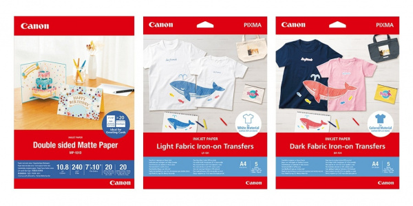 Canon MP-101D, DF-101 und LF-101: Mattes, doppelseitiges Fotopapier und T-Shirt-Transferfolien für Dunkle und helle Textilien.