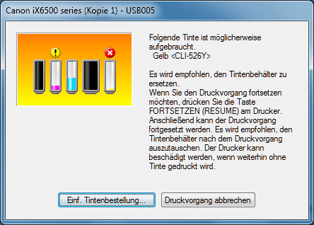 Canon Pixma iX6550 Screenshot Tinte leer