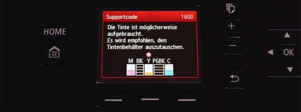 Pixma MG5450: Canon empfiehlt lediglich die möglicherweise aufgebrauchte Tintenpatrone auszutauschen - man kann weiter drucken.