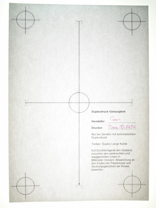 Canon Pixma MG5650: Gute Übereinstimmung von Vorder- und Rückseite beim Duplexdruck.