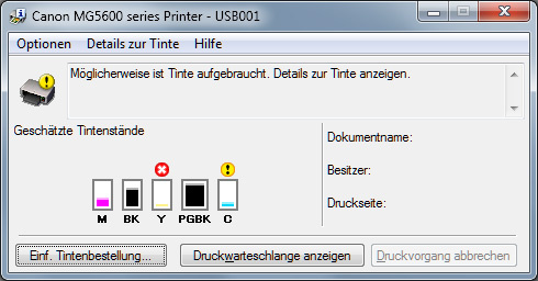 Canon Pixma MG5650 Screnshot Tinte leer